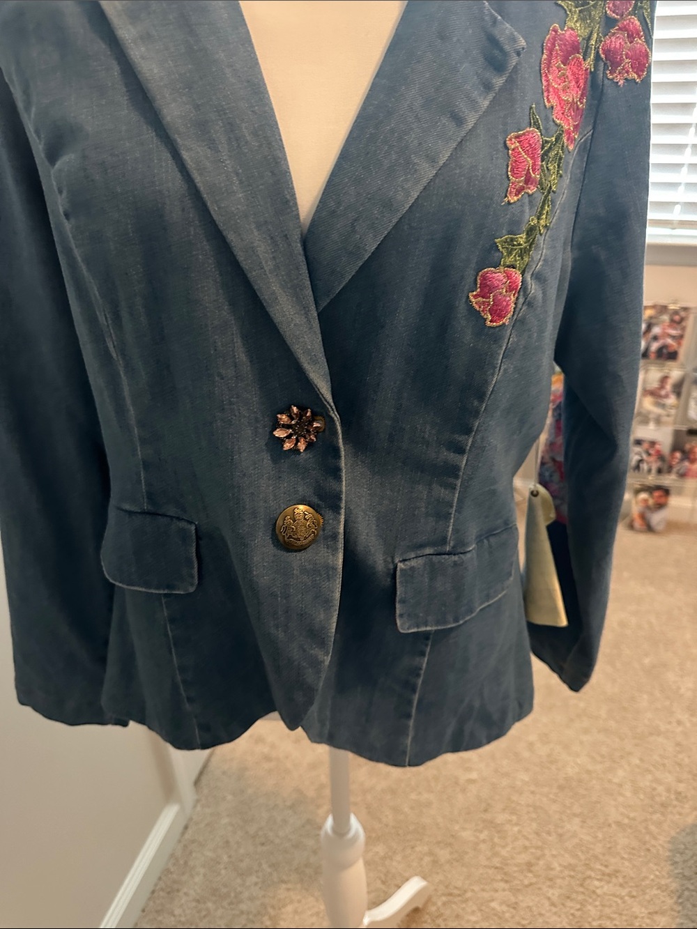 Embroidered Blue Denim Blazer Jacket with Pink Floral Detail - Picture 3 of 6